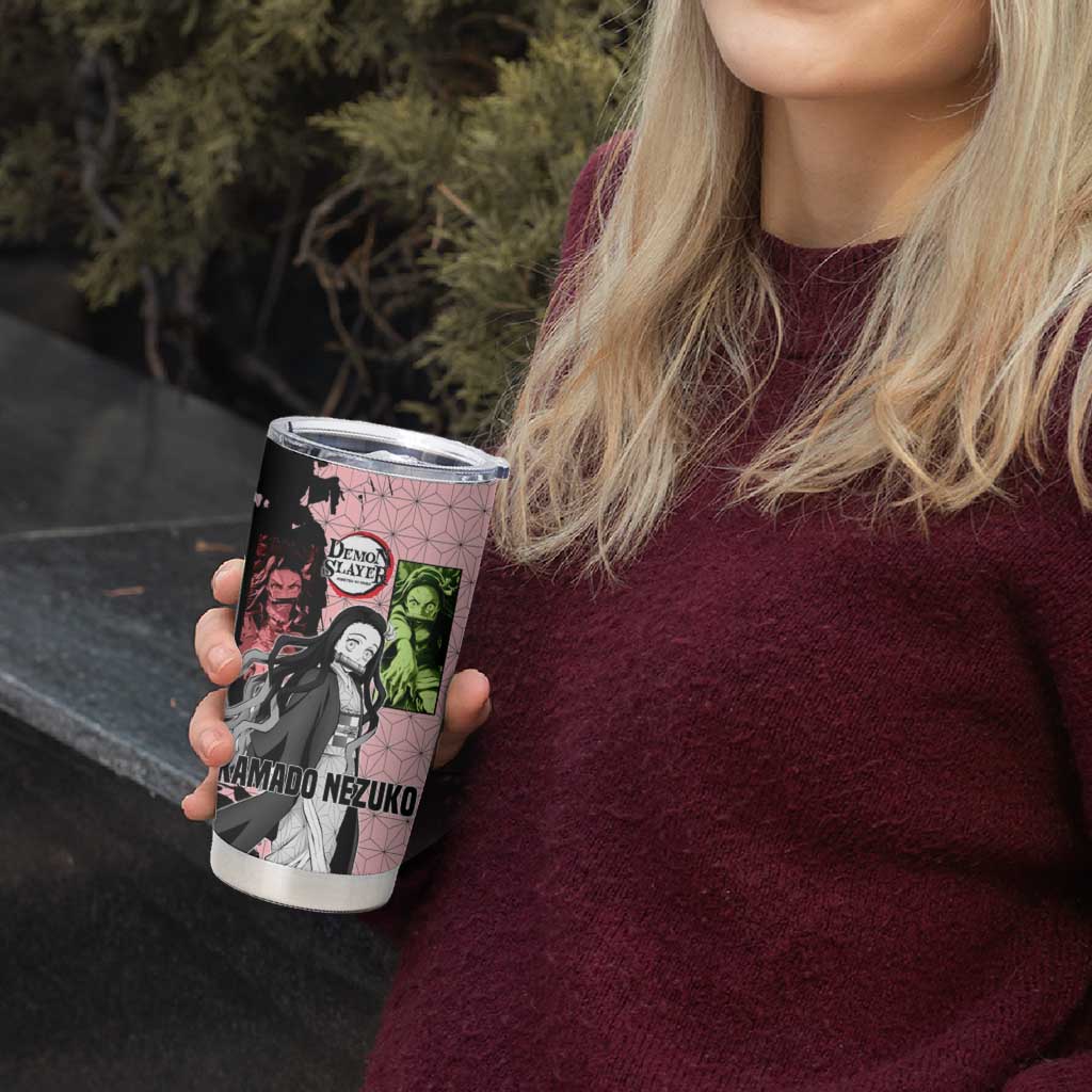Nezuko Kamado from Demon Slayer Tumbler Cup with Pink Pattern Kimono and Demon Form Flames Design - The Mazicc