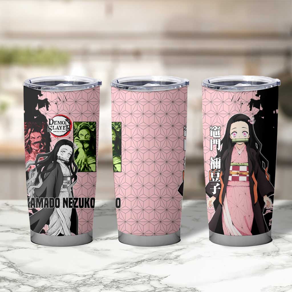 Nezuko Kamado from Demon Slayer Tumbler Cup with Pink Pattern Kimono and Demon Form Flames Design - The Mazicc