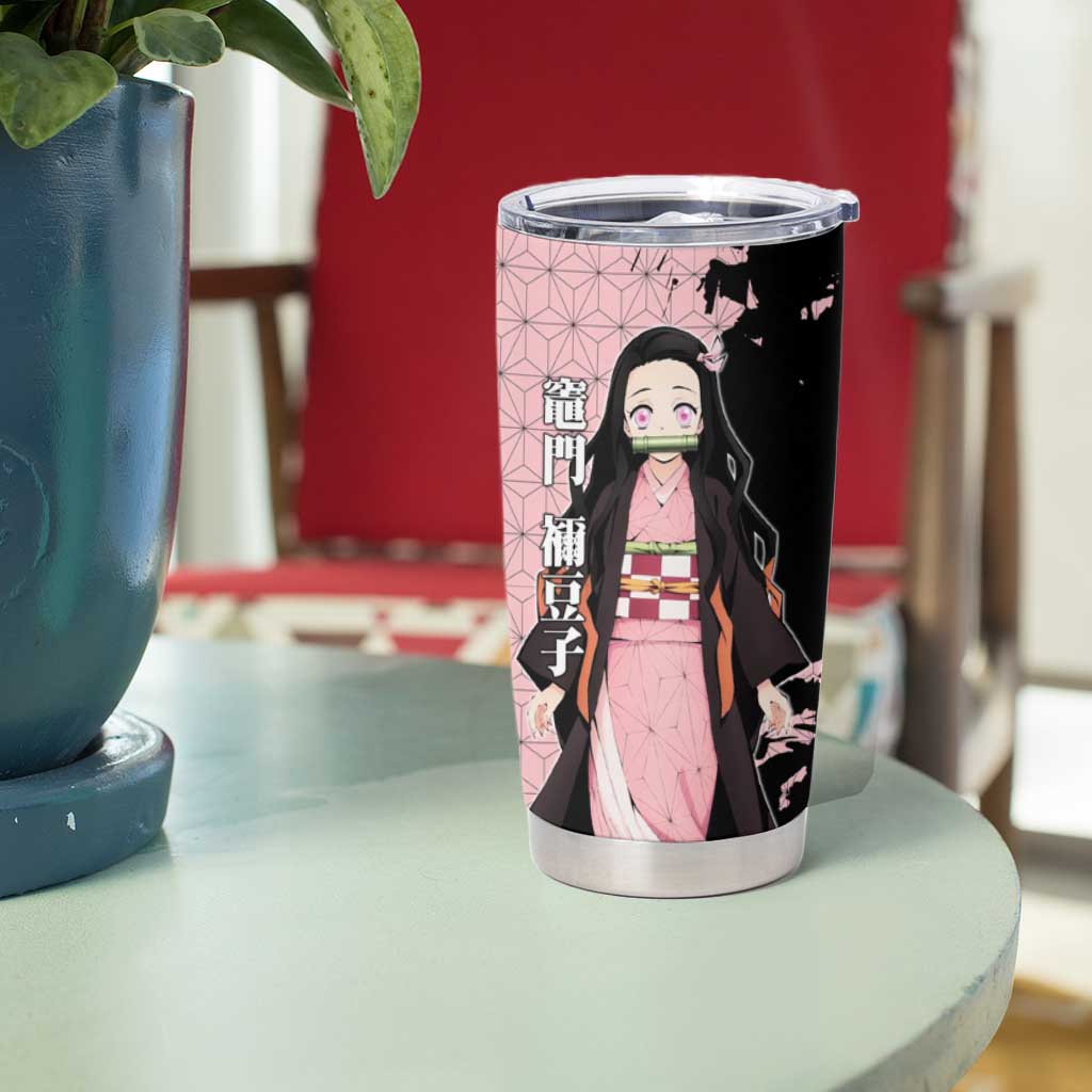 Nezuko Kamado from Demon Slayer Tumbler Cup with Pink Pattern Kimono and Demon Form Flames Design - The Mazicc