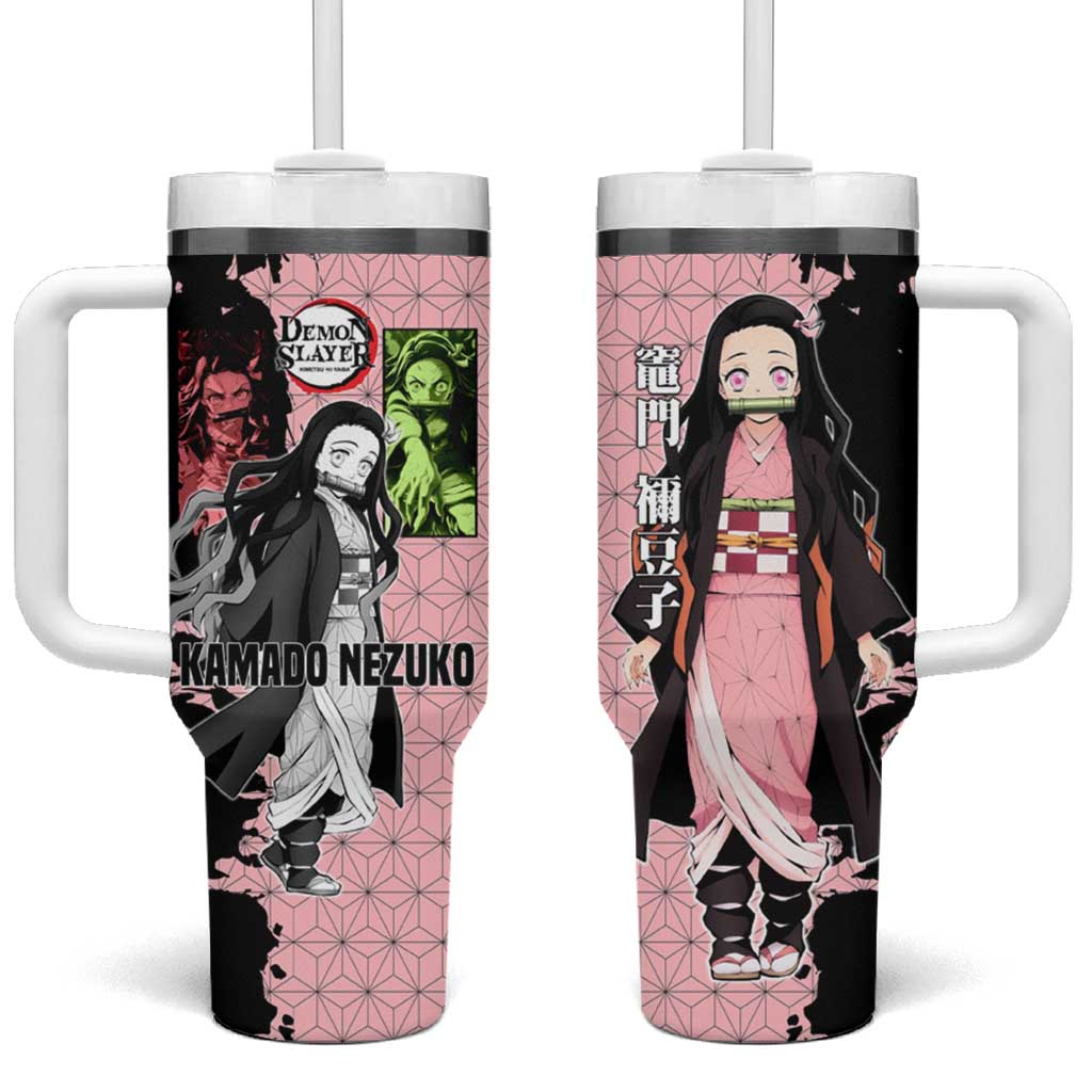 Nezuko Kamado from Demon Slayer Tumbler With Handle with Pink Pattern Kimono and Demon Form Flames Design - The Mazicc