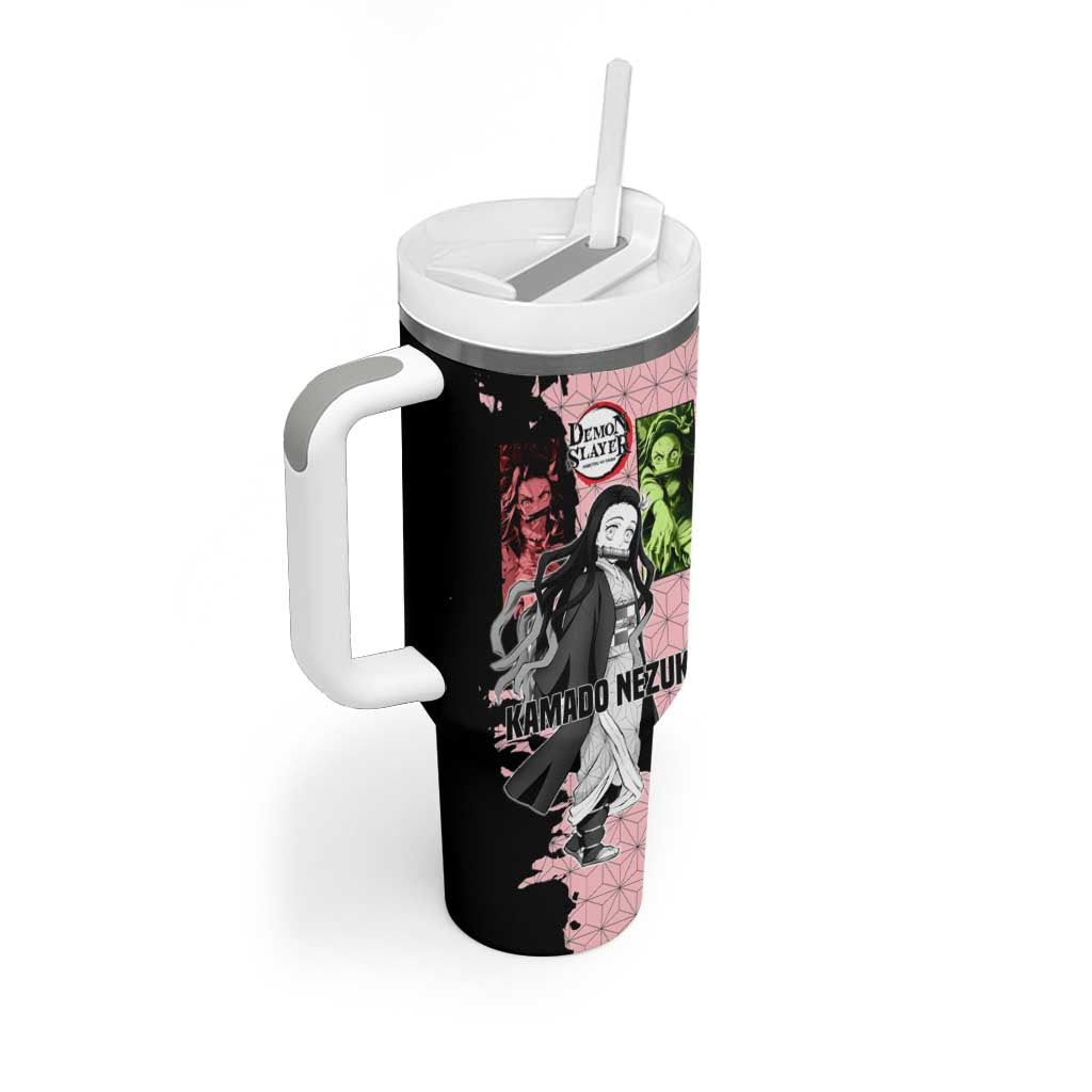 Nezuko Kamado from Demon Slayer Tumbler With Handle with Pink Pattern Kimono and Demon Form Flames Design - The Mazicc