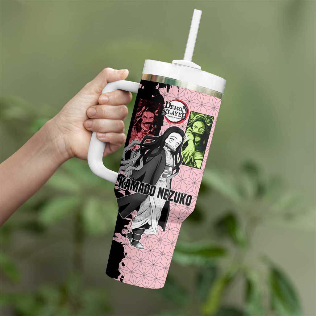 Nezuko Kamado from Demon Slayer Tumbler With Handle with Pink Pattern Kimono and Demon Form Flames Design - The Mazicc