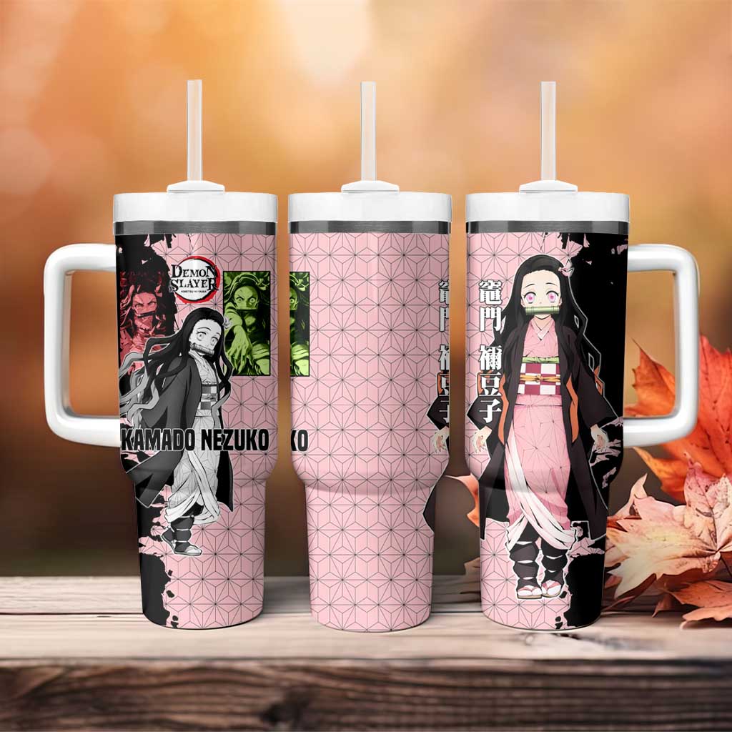 Nezuko Kamado from Demon Slayer Tumbler With Handle with Pink Pattern Kimono and Demon Form Flames Design - The Mazicc