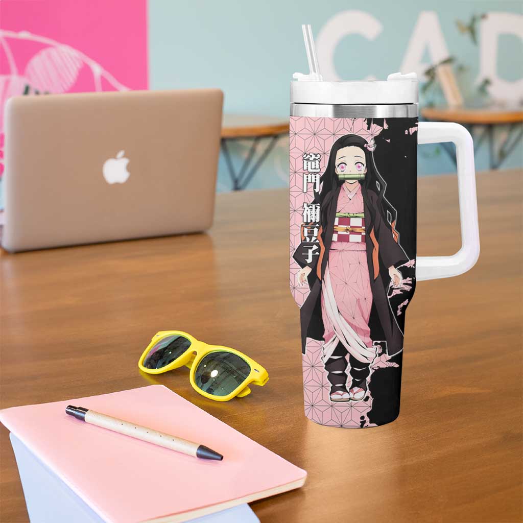 Nezuko Kamado from Demon Slayer Tumbler With Handle with Pink Pattern Kimono and Demon Form Flames Design - The Mazicc