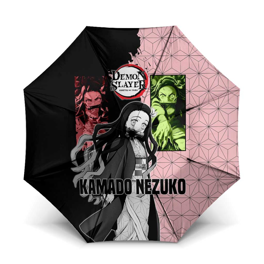 Nezuko Kamado from Demon Slayer Umbrella with Pink Pattern Kimono and Demon Form Flames Design - The Mazicc