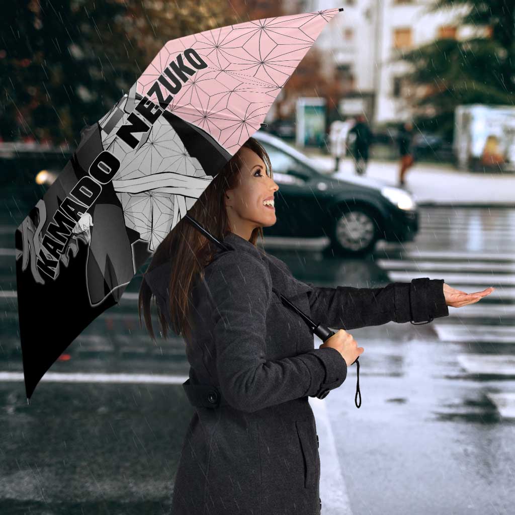 Nezuko Kamado from Demon Slayer Umbrella with Pink Pattern Kimono and Demon Form Flames Design - The Mazicc
