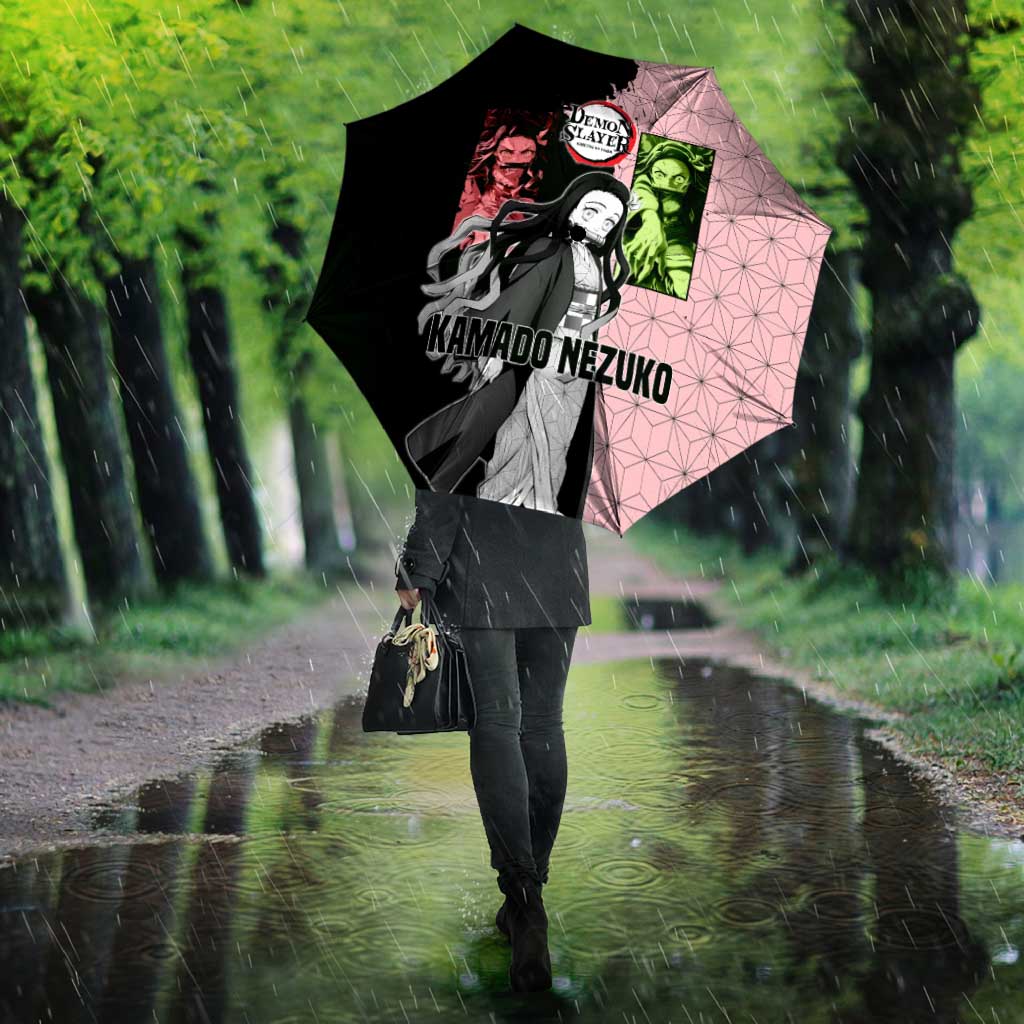Nezuko Kamado from Demon Slayer Umbrella with Pink Pattern Kimono and Demon Form Flames Design - The Mazicc