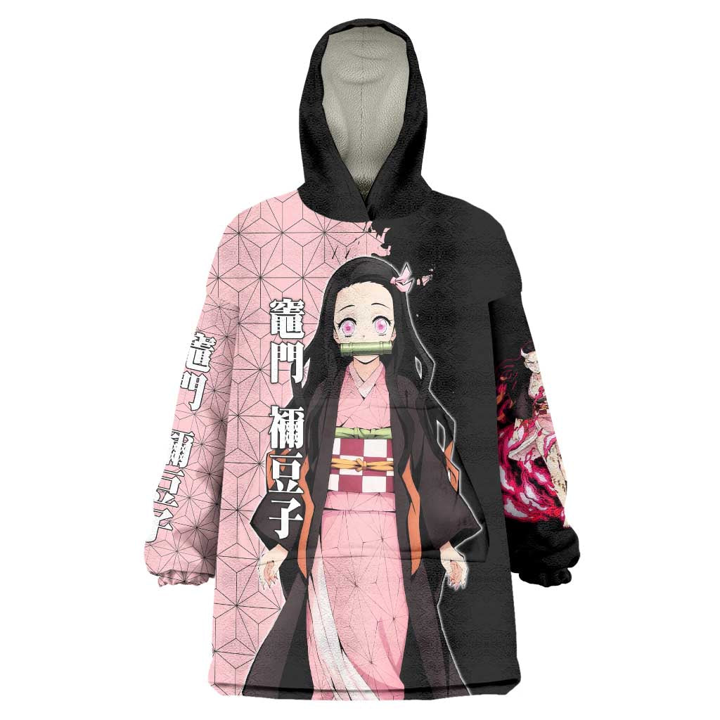 Nezuko Kamado from Demon Slayer Wearable Blanket Hoodie with Pink Pattern Kimono and Demon Form Flames Design - The Mazicc