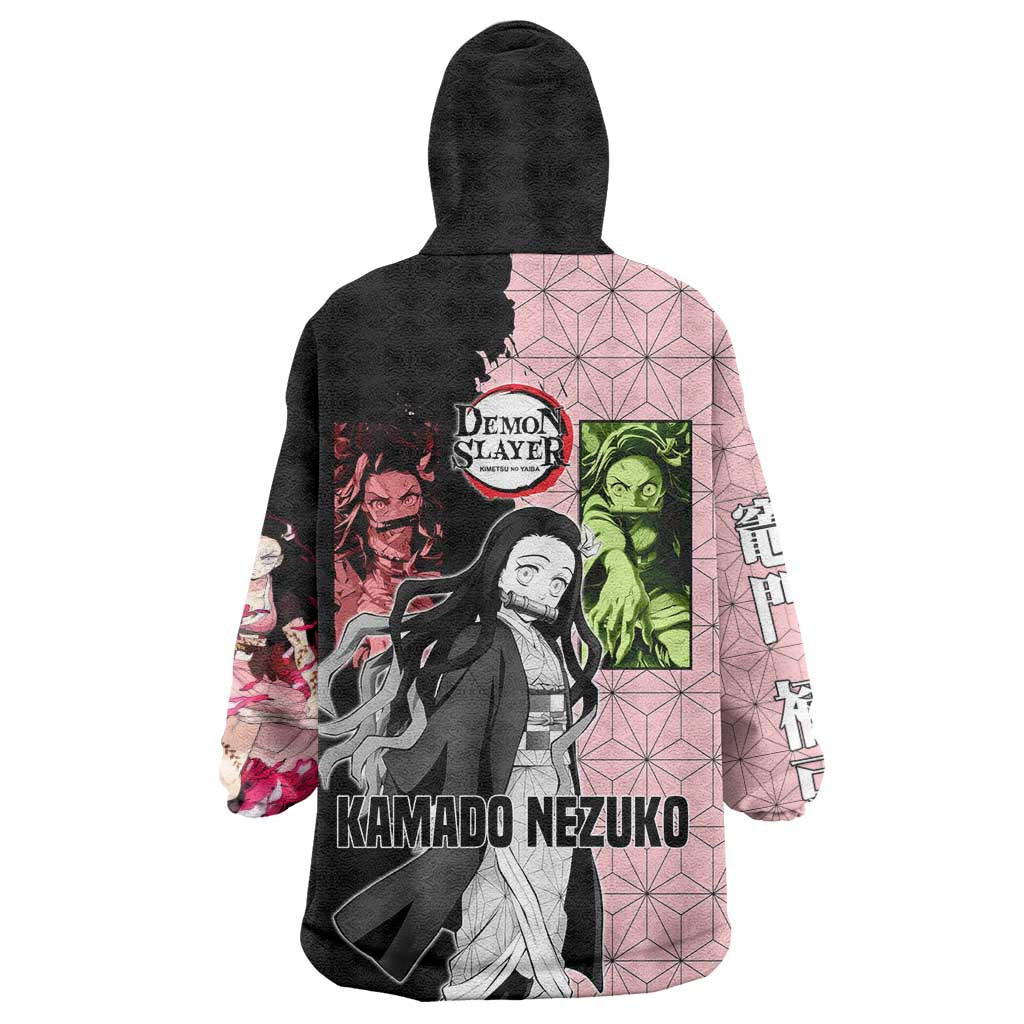 Nezuko Kamado from Demon Slayer Wearable Blanket Hoodie with Pink Pattern Kimono and Demon Form Flames Design - The Mazicc