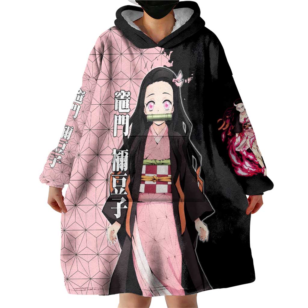 Nezuko Kamado from Demon Slayer Wearable Blanket Hoodie with Pink Pattern Kimono and Demon Form Flames Design - The Mazicc