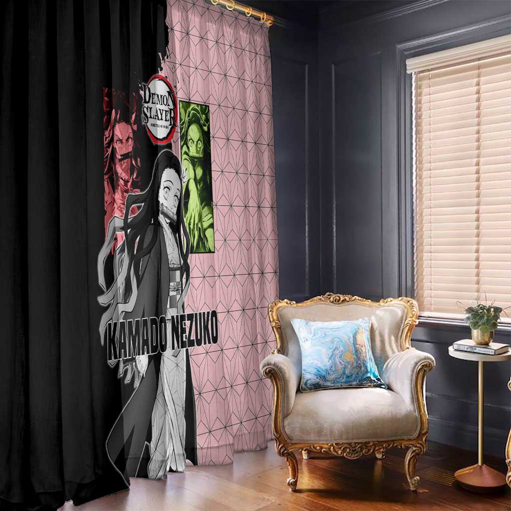 Nezuko Kamado from Demon Slayer Window Curtain with Pink Pattern Kimono and Demon Form Flames Design - The Mazicc