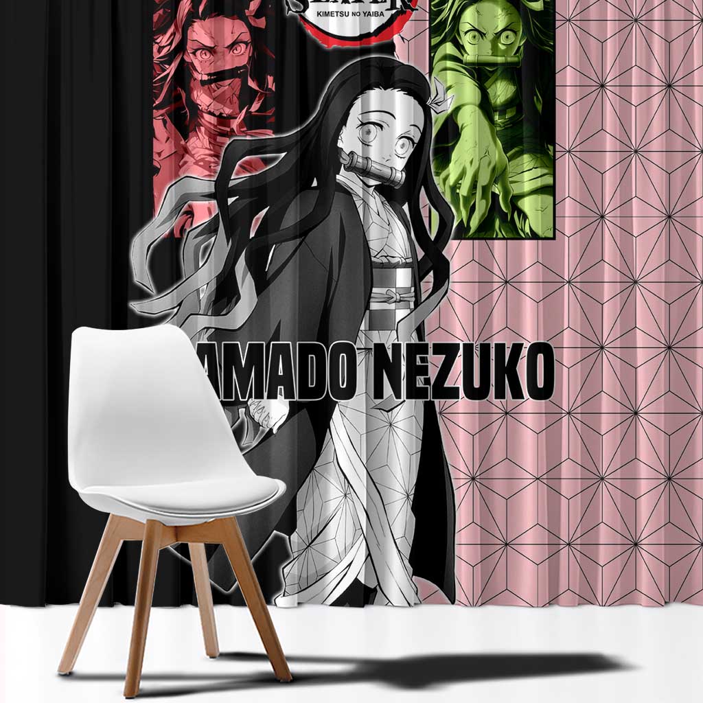 Nezuko Kamado from Demon Slayer Window Curtain with Pink Pattern Kimono and Demon Form Flames Design - The Mazicc