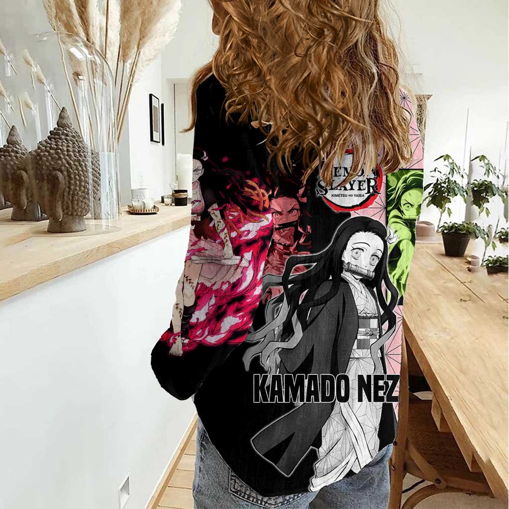 Nezuko Kamado from Demon Slayer Women Casual Shirt with Pink Pattern Kimono and Demon Form Flames Design - The Mazicc