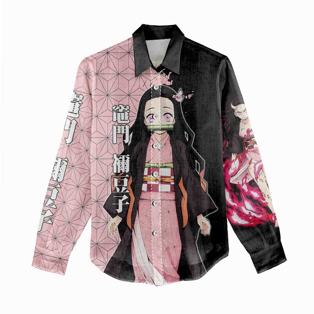 Nezuko Kamado from Demon Slayer Women Casual Shirt with Pink Pattern Kimono and Demon Form Flames Design - The Mazicc