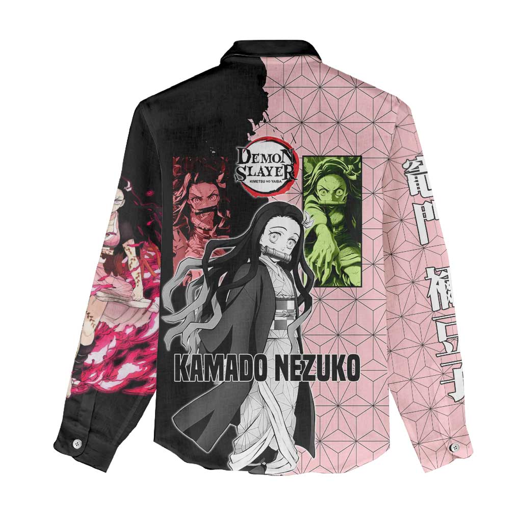 Nezuko Kamado from Demon Slayer Women Casual Shirt with Pink Pattern Kimono and Demon Form Flames Design - The Mazicc