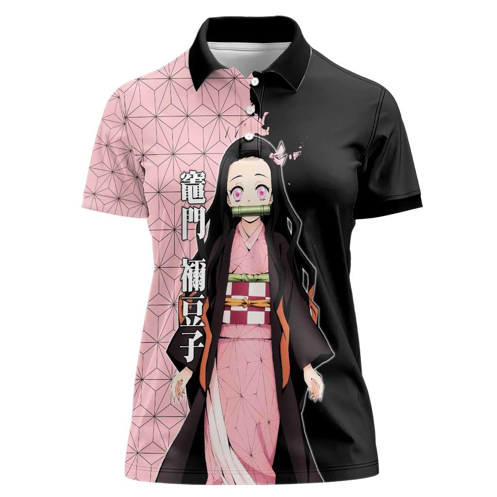 Nezuko Kamado from Demon Slayer Women Polo Shirt with Pink Pattern Kimono and Demon Form Flames Design - The Mazicc