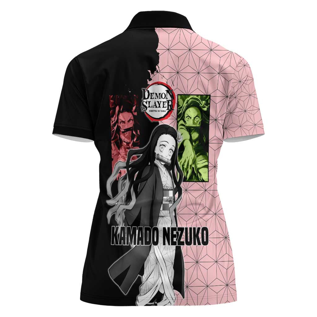 Nezuko Kamado from Demon Slayer Women Polo Shirt with Pink Pattern Kimono and Demon Form Flames Design - The Mazicc
