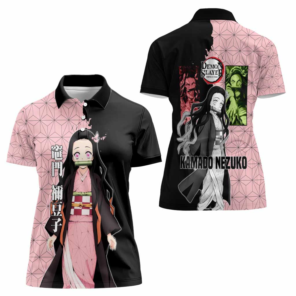 Nezuko Kamado from Demon Slayer Women Polo Shirt with Pink Pattern Kimono and Demon Form Flames Design - The Mazicc