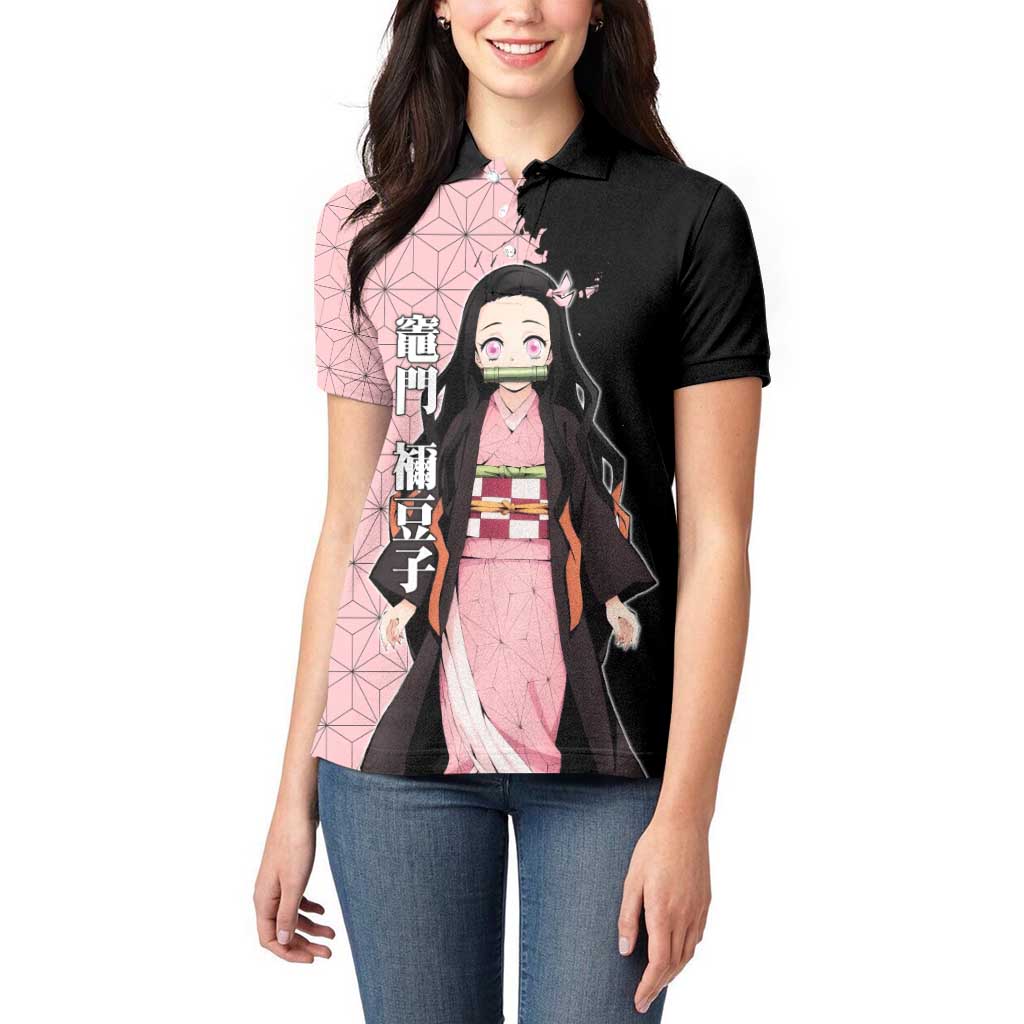 Nezuko Kamado from Demon Slayer Women Polo Shirt with Pink Pattern Kimono and Demon Form Flames Design - The Mazicc