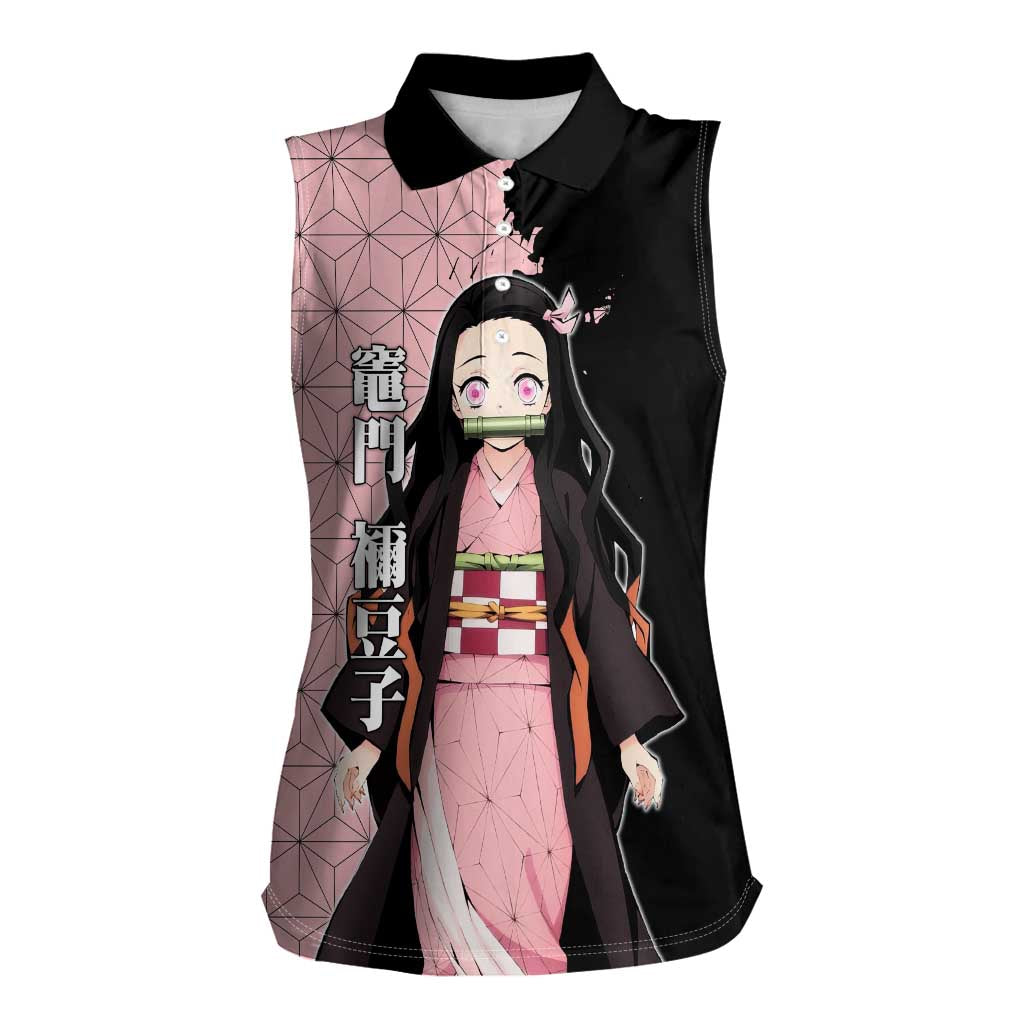 Nezuko Kamado from Demon Slayer Women Sleeveless Polo Shirt with Pink Pattern Kimono and Demon Form Flames Design - The Mazicc