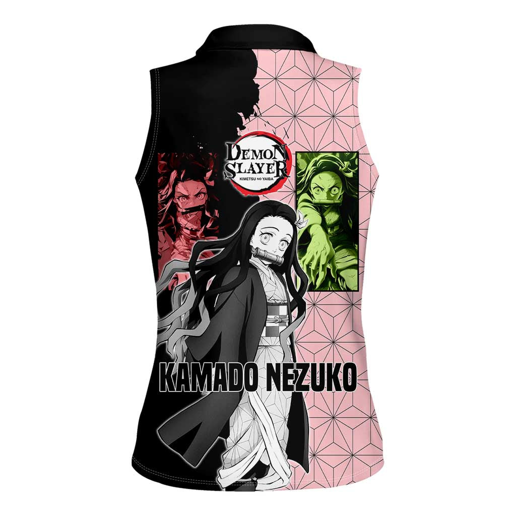 Nezuko Kamado from Demon Slayer Women Sleeveless Polo Shirt with Pink Pattern Kimono and Demon Form Flames Design - The Mazicc