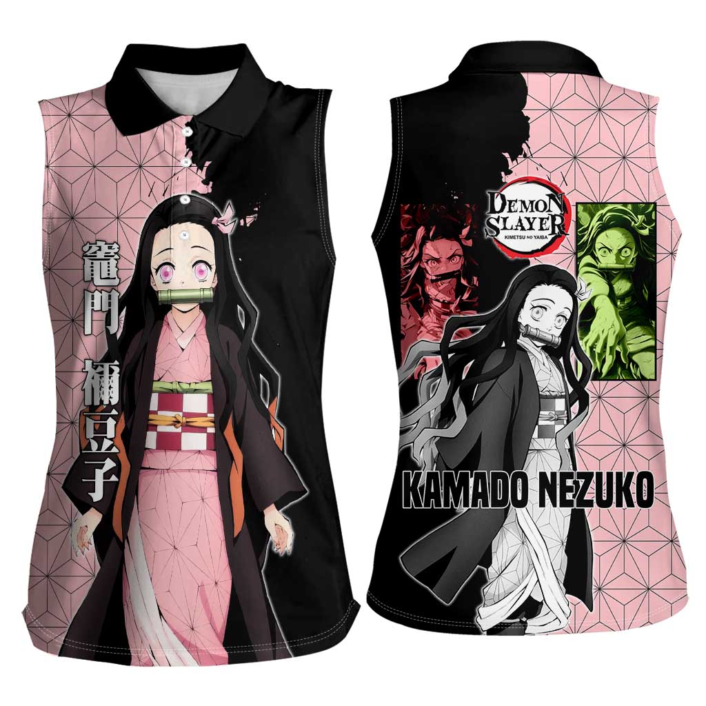Nezuko Kamado from Demon Slayer Women Sleeveless Polo Shirt with Pink Pattern Kimono and Demon Form Flames Design - The Mazicc