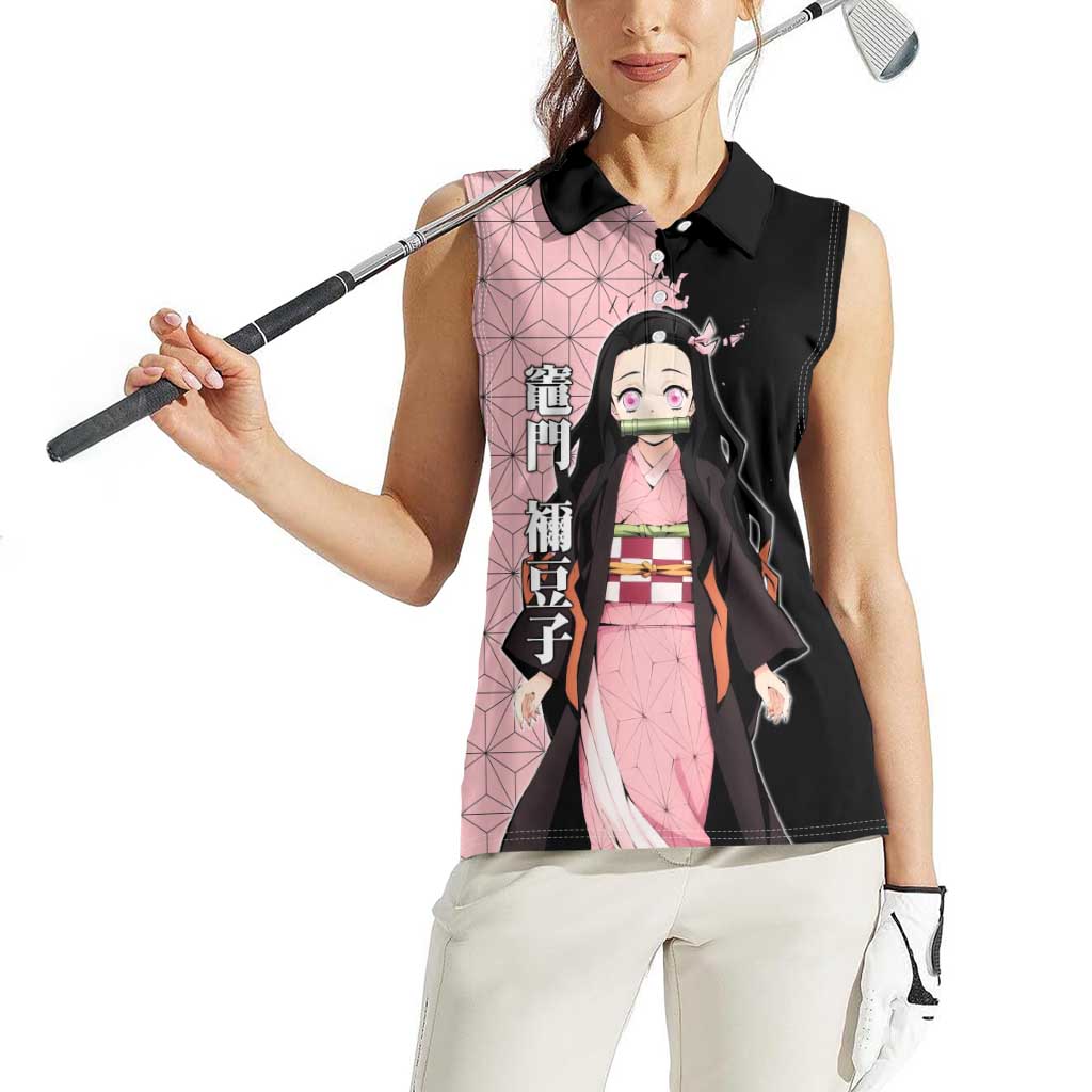 Nezuko Kamado from Demon Slayer Women Sleeveless Polo Shirt with Pink Pattern Kimono and Demon Form Flames Design - The Mazicc