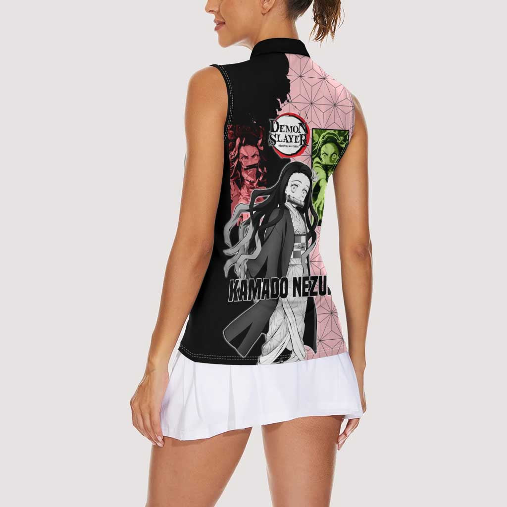 Nezuko Kamado from Demon Slayer Women Sleeveless Polo Shirt with Pink Pattern Kimono and Demon Form Flames Design - The Mazicc