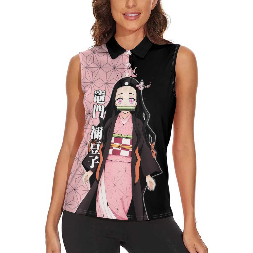Nezuko Kamado from Demon Slayer Women Sleeveless Polo Shirt with Pink Pattern Kimono and Demon Form Flames Design - The Mazicc