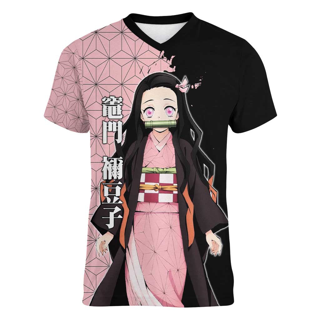 Nezuko Kamado from Demon Slayer Women V-Neck T-Shirt with Pink Pattern Kimono and Demon Form Flames Design - The Mazicc