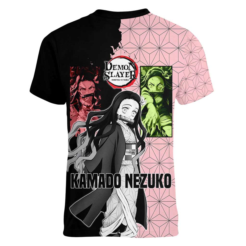 Nezuko Kamado from Demon Slayer Women V-Neck T-Shirt with Pink Pattern Kimono and Demon Form Flames Design - The Mazicc