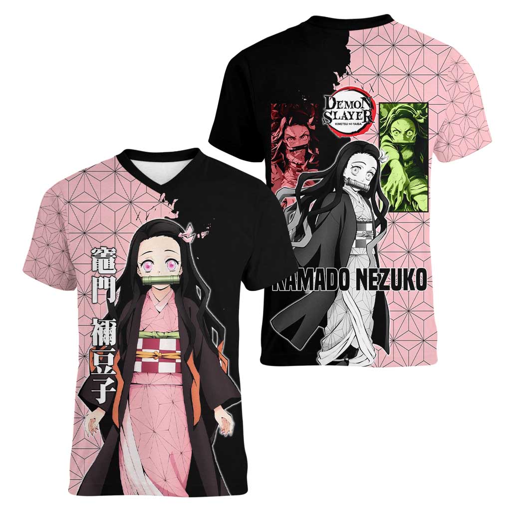 Nezuko Kamado from Demon Slayer Women V-Neck T-Shirt with Pink Pattern Kimono and Demon Form Flames Design - The Mazicc
