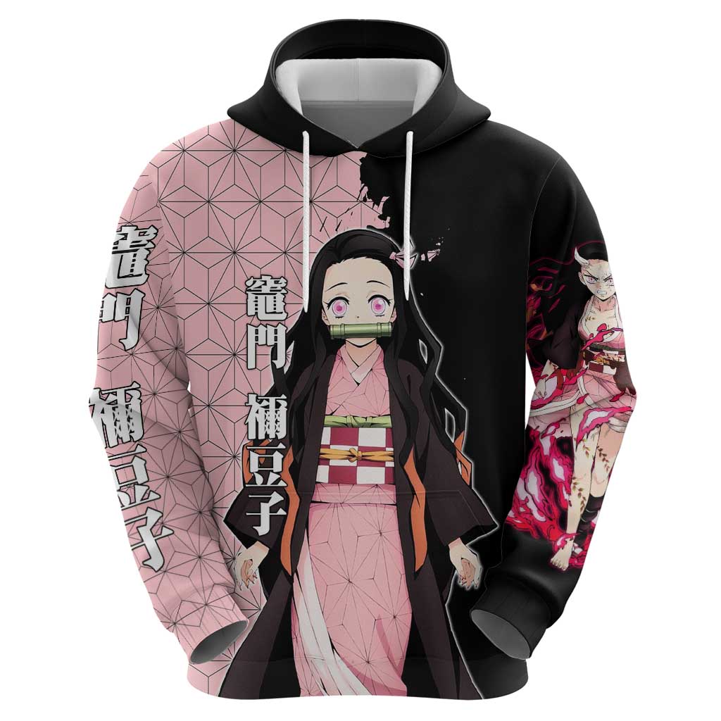 Nezuko Kamado from Demon Slayer Zip Hoodie with Pink Pattern Kimono and Demon Form Flames Design - The Mazicc
