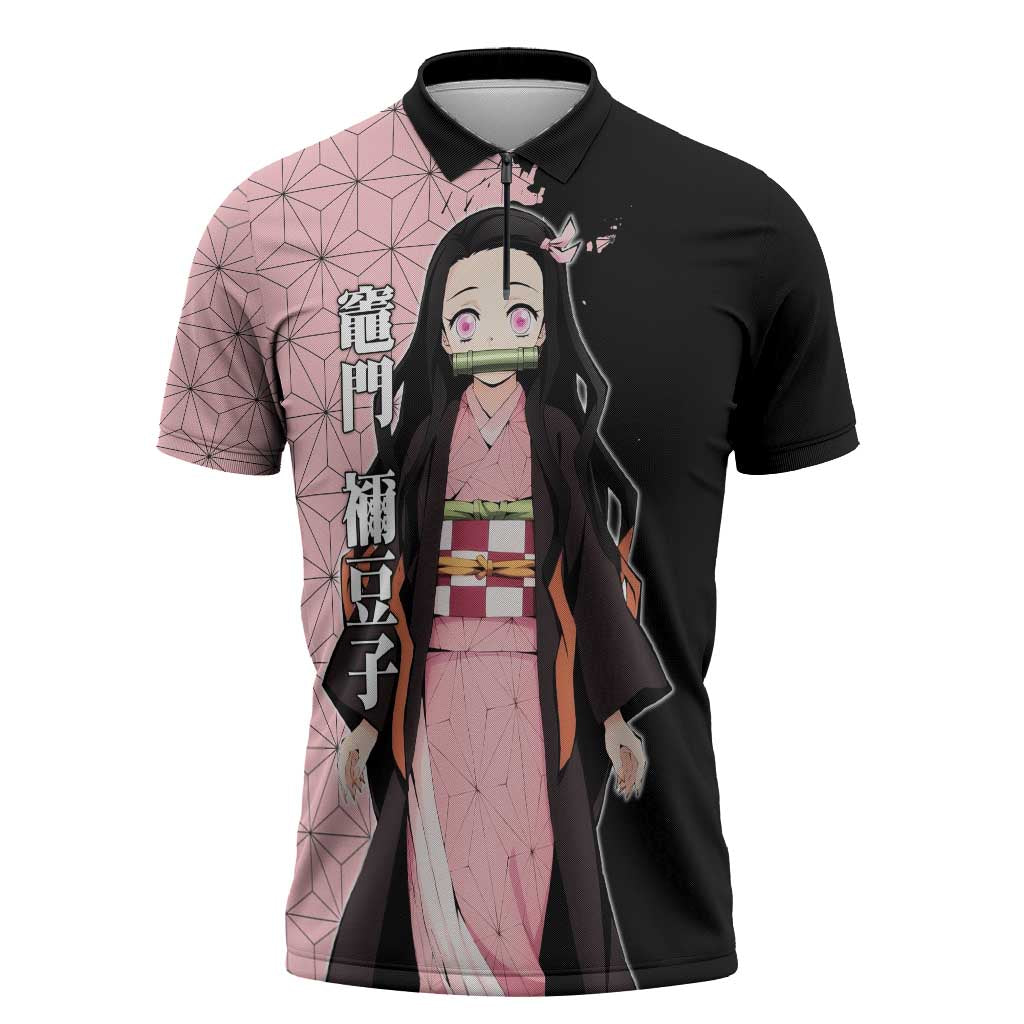 Nezuko Kamado from Demon Slayer Zipper Polo Shirt with Pink Pattern Kimono and Demon Form Flames Design - The Mazicc