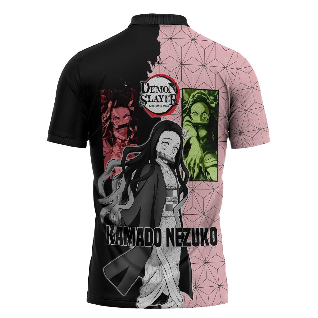 Nezuko Kamado from Demon Slayer Zipper Polo Shirt with Pink Pattern Kimono and Demon Form Flames Design - The Mazicc