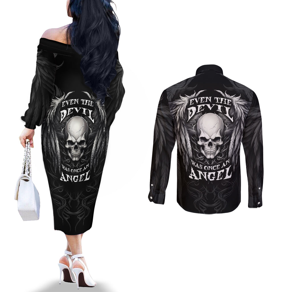 skull-and-wings-couples-matching-off-the-shoulder-long-sleeve-dress-and-long-sleeve-button-shirts-even-the-devil-was-once-an-angel