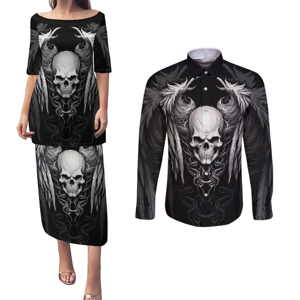 skull-and-wings-couples-matching-puletasi-dress-and-long-sleeve-button-shirts-even-the-devil-was-once-an-angel