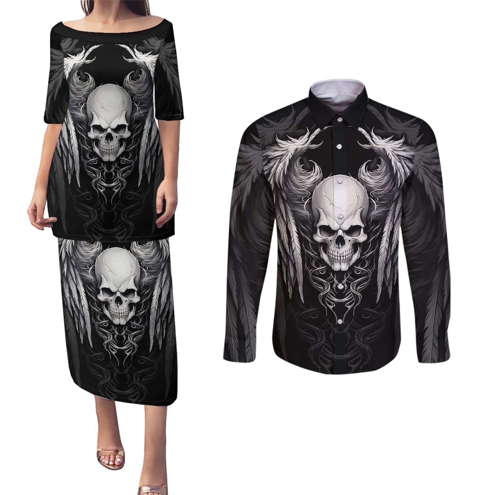 skull-and-wings-couples-matching-puletasi-dress-and-long-sleeve-button-shirts-even-the-devil-was-once-an-angel