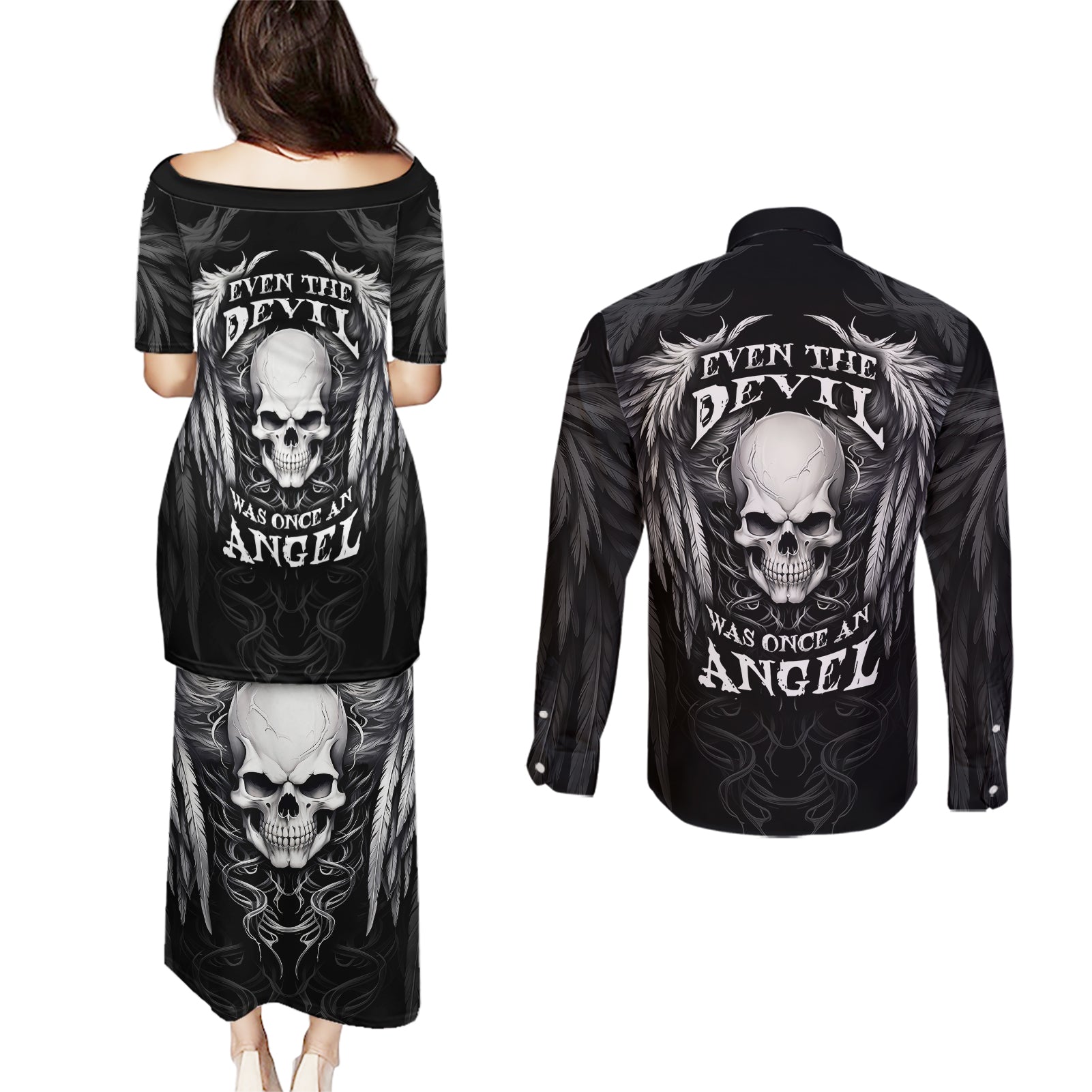 skull-and-wings-couples-matching-puletasi-dress-and-long-sleeve-button-shirts-even-the-devil-was-once-an-angel