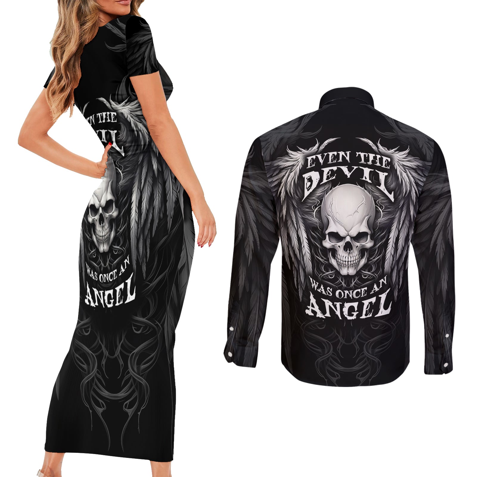 skull-and-wings-couples-matching-short-sleeve-bodycon-dress-and-long-sleeve-button-shirts-even-the-devil-was-once-an-angel