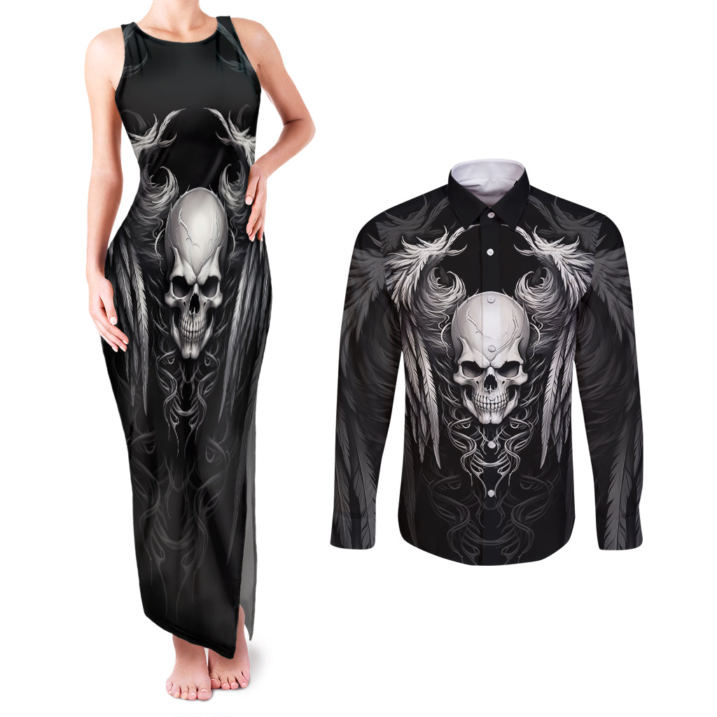 skull-and-wings-couples-matching-tank-maxi-dress-and-long-sleeve-button-shirts-even-the-devil-was-once-an-angel