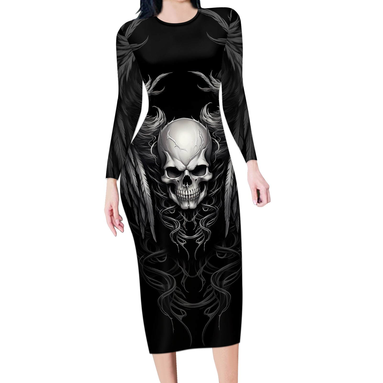 skull-and-wings-long-sleeve-bodycon-dress-even-the-devil-was-once-an-angel