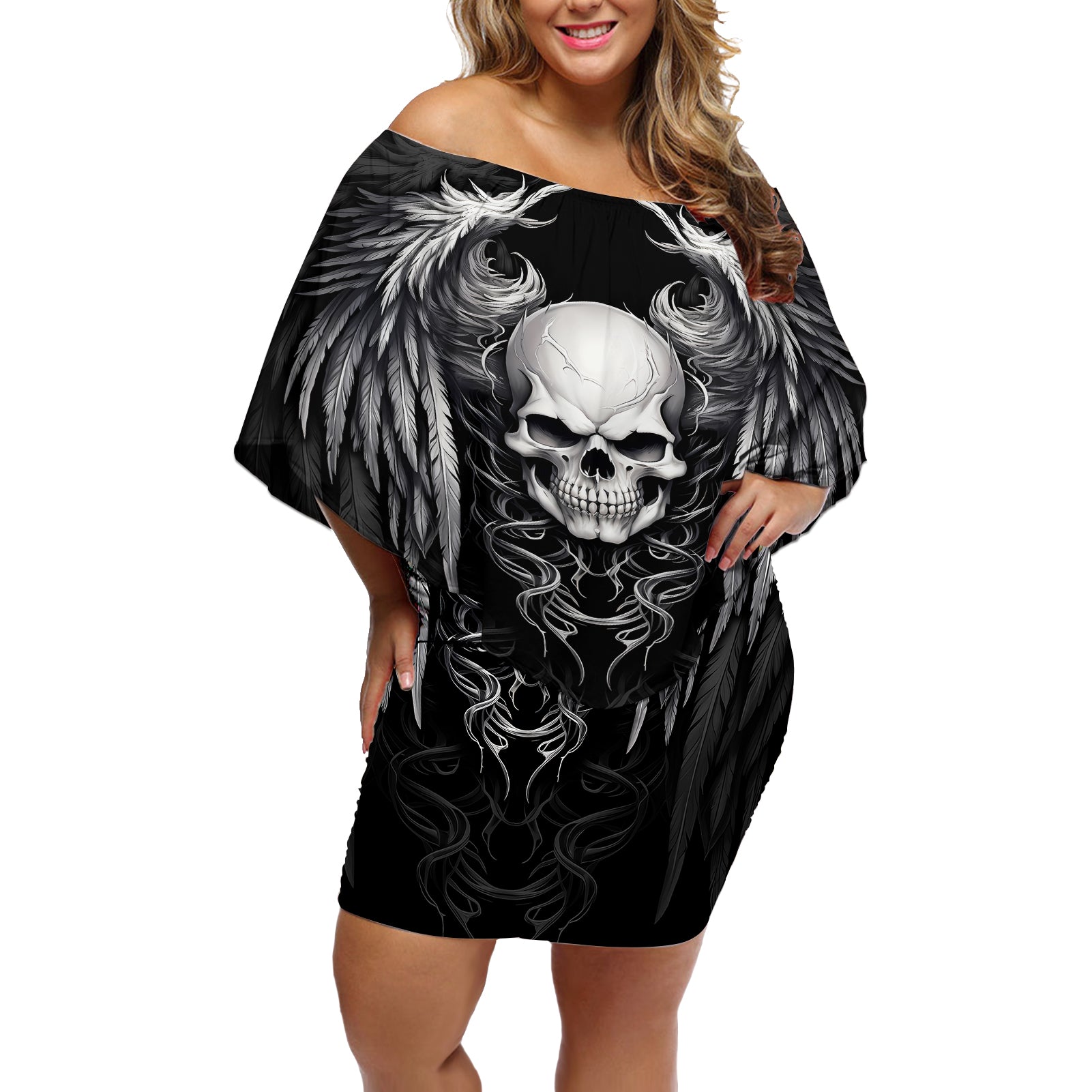 skull-and-wings-off-shoulder-short-dress-even-the-devil-was-once-an-angel