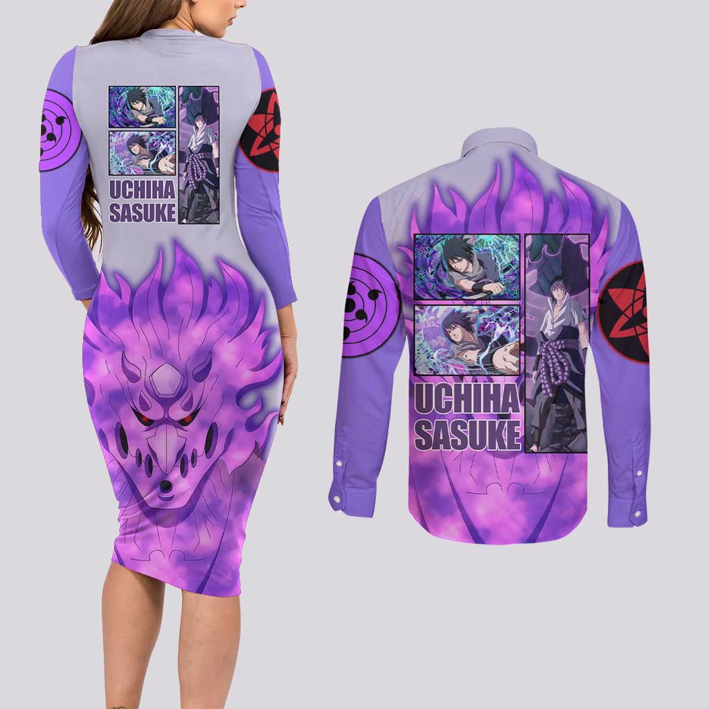 Uchiha Sasuke Naruto Shippuden Couples Matching Long Sleeve Bodycon Dress and Long Sleeve Button Shirt Anime Style