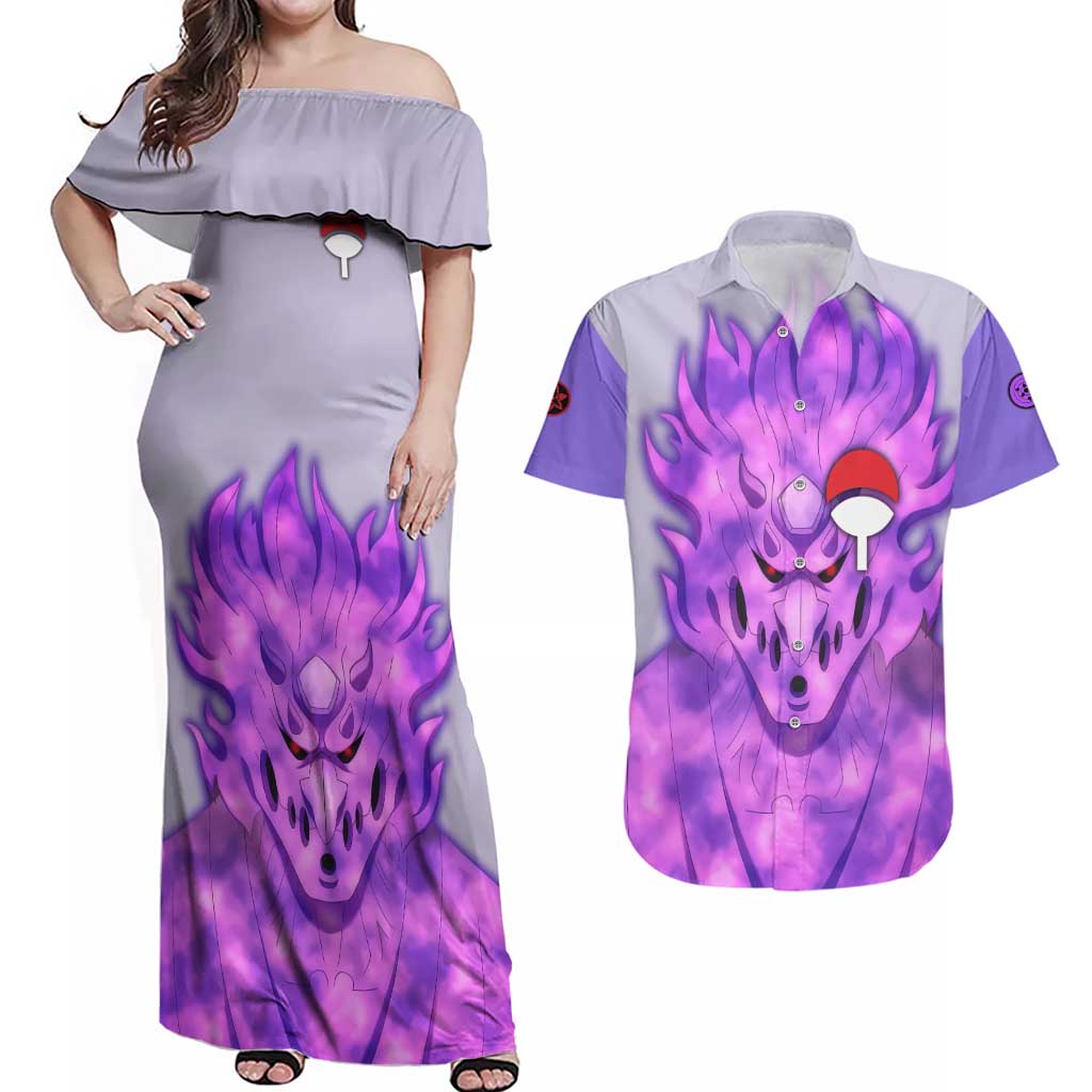 Uchiha Sasuke Naruto Shippuden Couples Matching Off Shoulder Maxi Dress and Hawaiian Shirt Anime Style