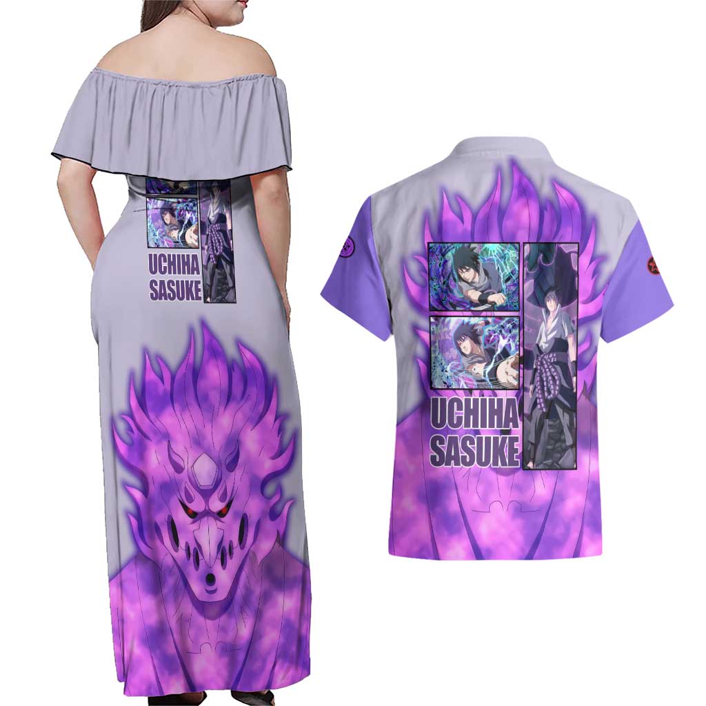 Uchiha Sasuke Naruto Shippuden Couples Matching Off Shoulder Maxi Dress and Hawaiian Shirt Anime Style