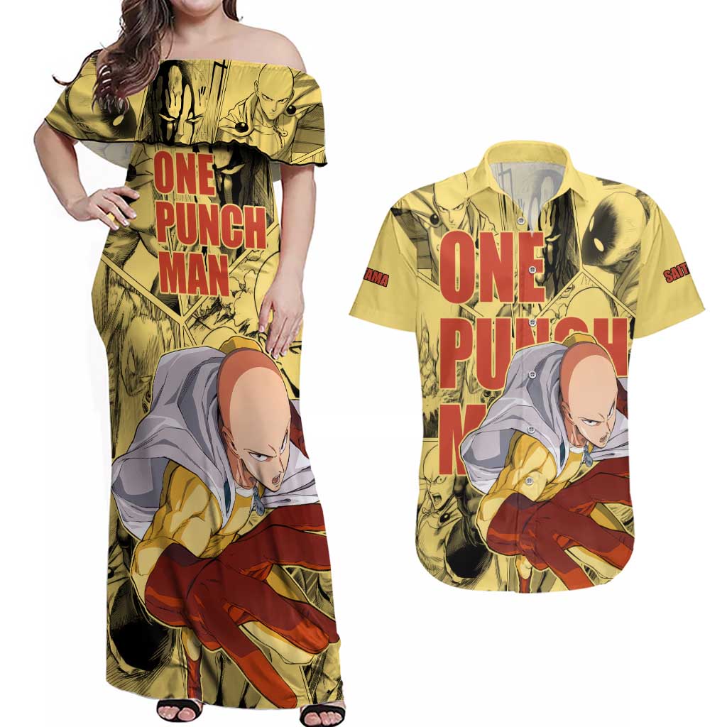 Saitama - One Punch Man Couples Matching Off Shoulder Maxi Dress and Hawaiian Shirt Anime Style