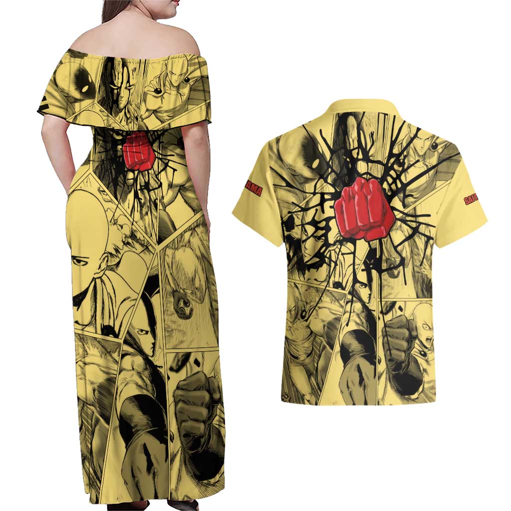 Saitama - One Punch Man Couples Matching Off Shoulder Maxi Dress and Hawaiian Shirt Anime Style