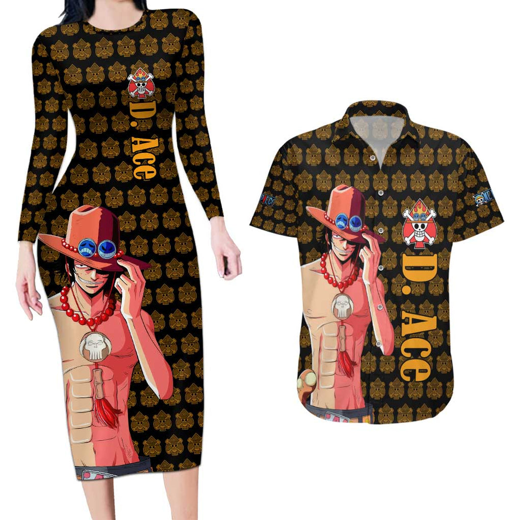 Portgas D. Ace - Fire Fist - One Piece Couples Matching Long Sleeve Bodycon Dress and Hawaiian Shirt Anime Style