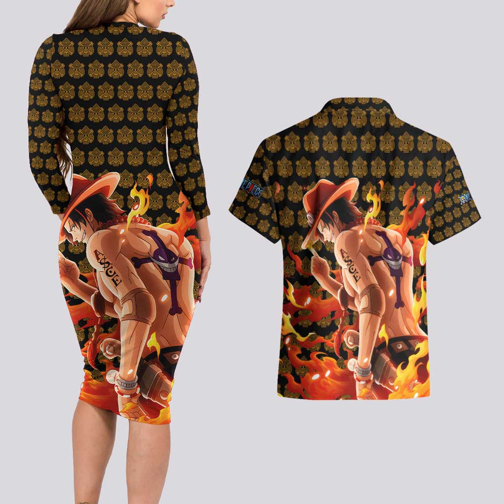 Portgas D. Ace - Fire Fist - One Piece Couples Matching Long Sleeve Bodycon Dress and Hawaiian Shirt Anime Style